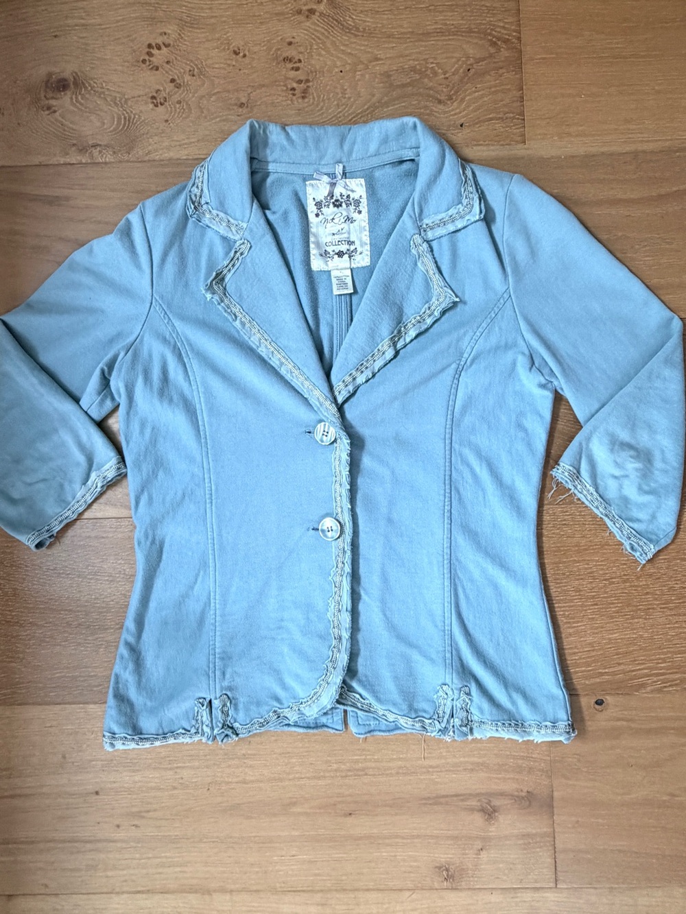 Nick & Mo Cotton Blazer Jersey Light Blue Distressed Y2K Chain Lace Trim Wms S